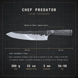 Fiche technique du couteau de chef Predator : lame 21 cm, manche 11,5 cm, 3 mm, 300 g, acier inoxydable 1.4116, 56-58 HRC