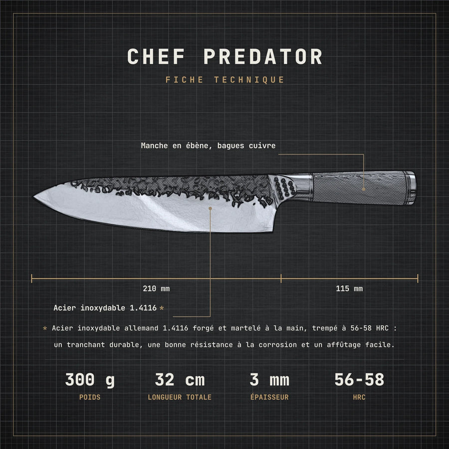 Fiche technique du couteau de chef Predator : lame 21 cm, manche 11,5 cm, 3 mm, 300 g, acier inoxydable 1.4116, 56-58 HRC