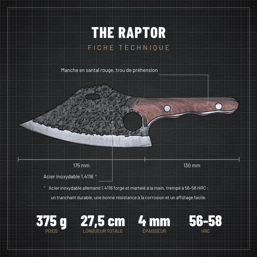 Fiche technique du couteau The Raptor : lame 17,5 cm, manche 13 cm, 4 mm, 375 g, acier inoxydable 1.4116, 56-58 HRC