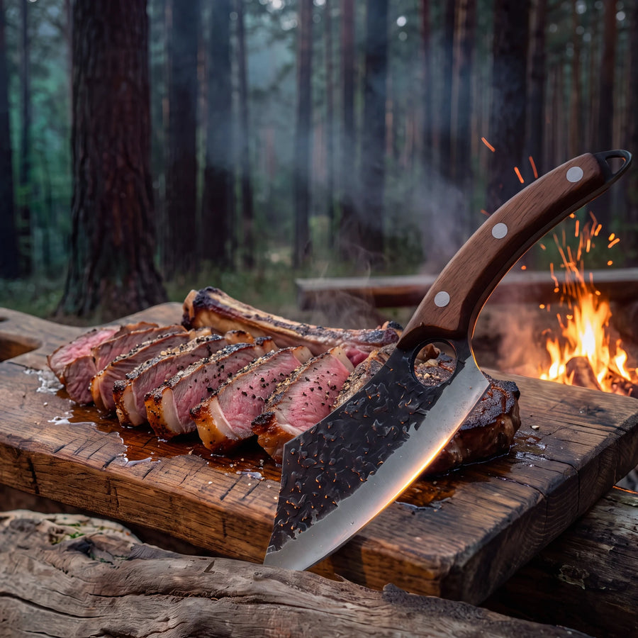 Couteau Dragotak sur une planche avec une côte de bœuf tranchée, feu de camp en forêt