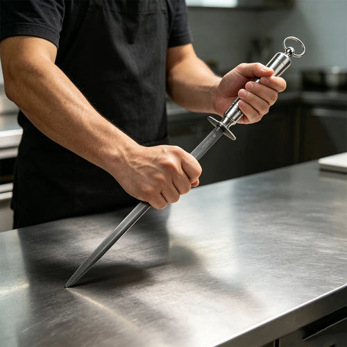 Chef affûtant une lame au fusil en cuisine