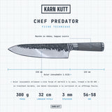 Fiche technique du couteau de chef Predator : lame 21 cm, manche 11,5 cm, 3 mm, 300 g, acier inoxydable 1.4116, 56-58 HRC