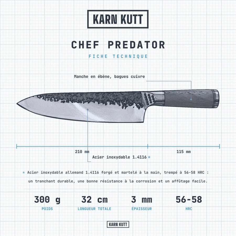 Fiche technique du couteau de chef Predator : lame 21 cm, manche 11,5 cm, 3 mm, 300 g, acier inoxydable 1.4116, 56-58 HRC