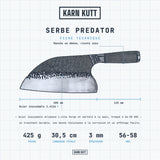 Fiche technique du couteau serbe Predator : lame 20,5 cm, manche 11,5 cm, 3 mm, 425 g, acier inoxydable 1.4116, 56-58 HRC
