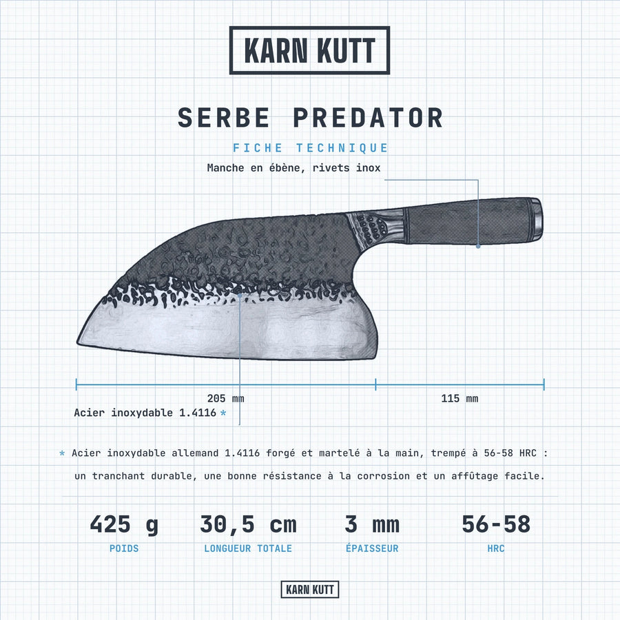 Fiche technique du couteau serbe Predator : lame 20,5 cm, manche 11,5 cm, 3 mm, 425 g, acier inoxydable 1.4116, 56-58 HRC
