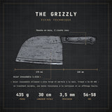 Fiche technique du couteau The Grizzly : lame 17,5 cm, manche 12 cm, 3,5 mm, 435 g, acier inoxydable 1.4116, 56-58 HRC