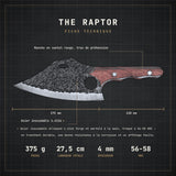 Fiche technique du couteau The Raptor : lame 17,5 cm, manche 13 cm, 4 mm, 375 g, acier inoxydable 1.4116, 56-58 HRC