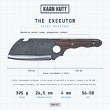 Fiche technique du couteau The Executor : lame 13 cm, manche 13 cm, 4 mm, 395 g, acier inoxydable 1.4116, 56-58 HRC