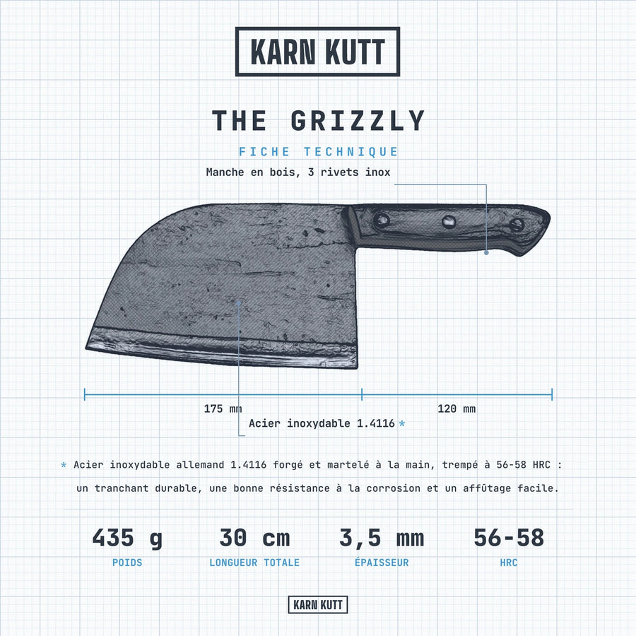 Fiche technique du couteau The Grizzly : lame 17,5 cm, manche 12 cm, 3,5 mm, 435 g, acier inoxydable 1.4116, 56-58 HRC