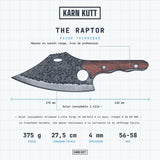 Fiche technique du couteau The Raptor : lame 17,5 cm, manche 13 cm, 4 mm, 375 g, acier inoxydable 1.4116, 56-58 HRC